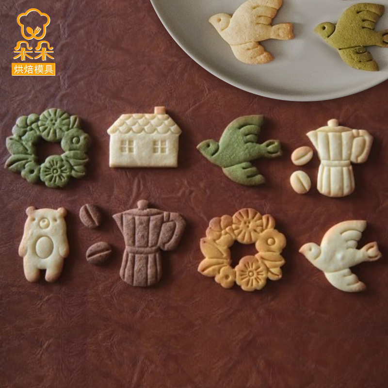 日式复古卡通动物饼干模具春日鸽子燕子飞鸟花环按压式曲奇饼干磨
