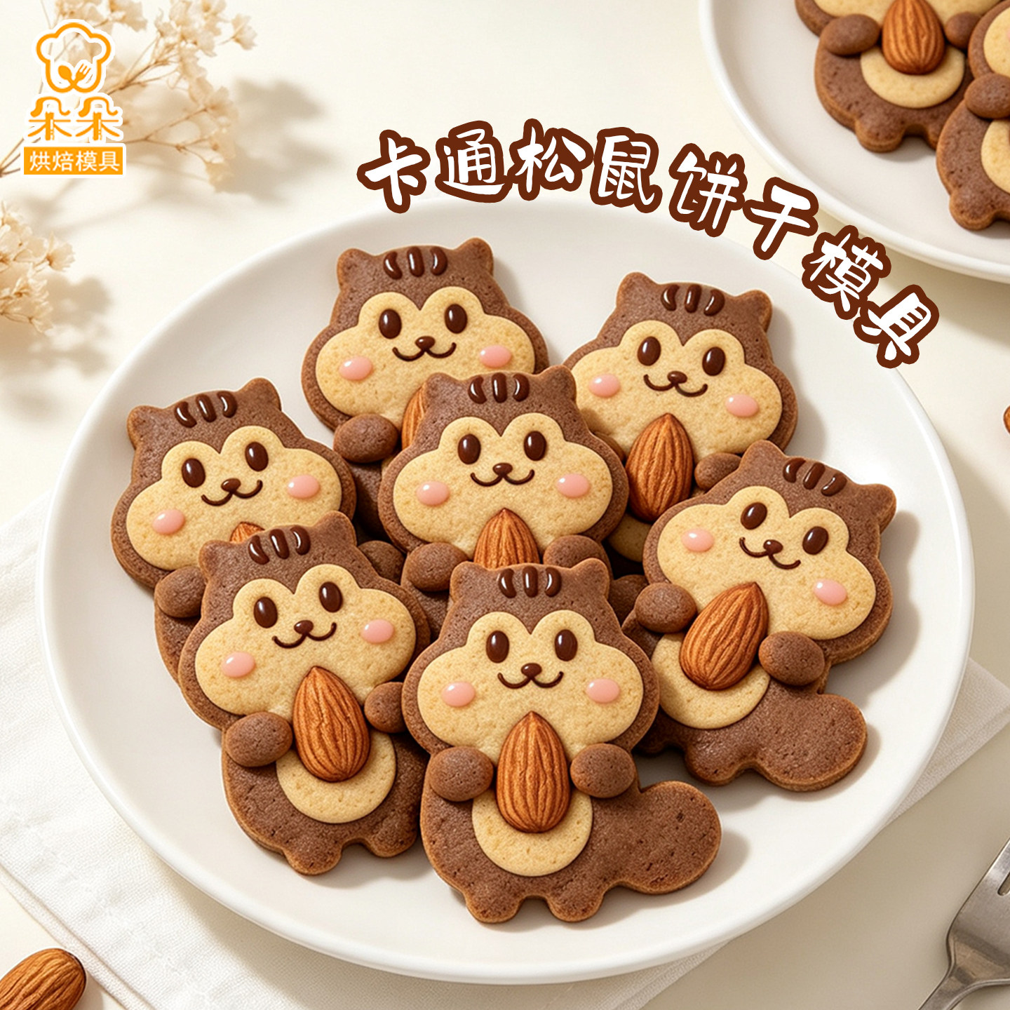 可爱抱抱松鼠饼干模具卡通坚果曲奇糖霜3D立体印花按压式烘焙工具