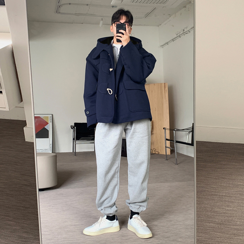 秋冬连帽牛角扣加绒加厚毛呢大衣