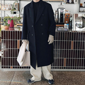 黑色毛呢风衣加厚外套 2025秋冬季 高端中长款 新款 男生垫肩大衣韩版