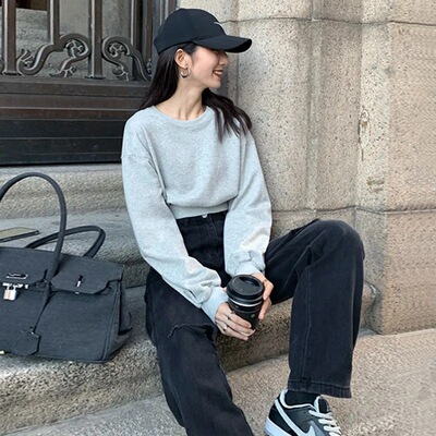 灰色短款卫衣2025年新款女春秋款薄款设计感小众宽松长袖圆领上衣