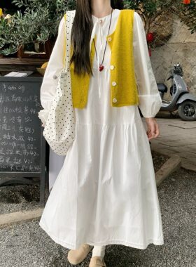 2026秋装新款韩系叠穿针织背心马甲白色休闲绑带连衣裙两件套女潮