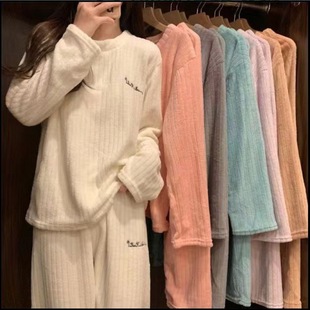 珊瑚绒睡衣竖纹加绒家居服两件套新款 女秋冬季 潮条纹休闲