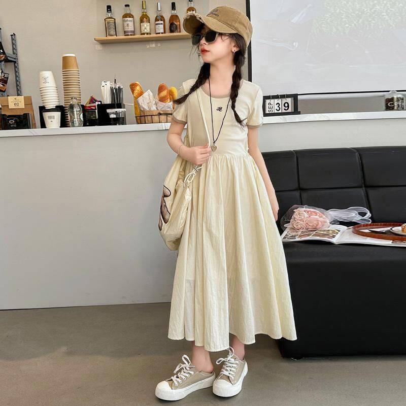 女童韩版洋气休闲短袖连衣裙中大童夏季新款时尚纯色过膝公主