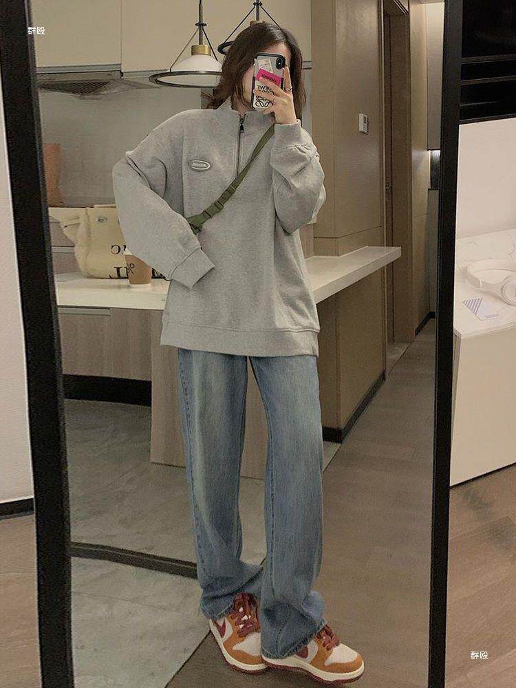 复古高腰阔腿加绒牛仔裤女春秋新款宽松显瘦垂感拖地直筒裤群