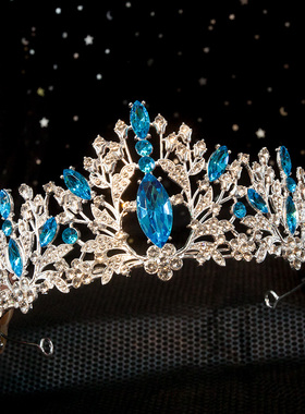 儿童皇冠头饰公主生日王冠演出发箍头箍蓝色女孩发卡女童公主发饰