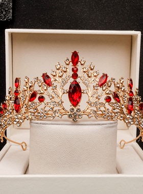 女童演出皇冠头饰公主儿童女孩生日王冠饰品高端大气红色水晶发饰