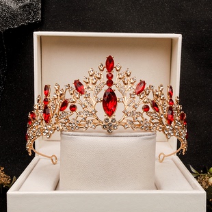 女童演出皇冠头饰公主儿童女孩生日王冠饰品高端大气红色水晶发饰