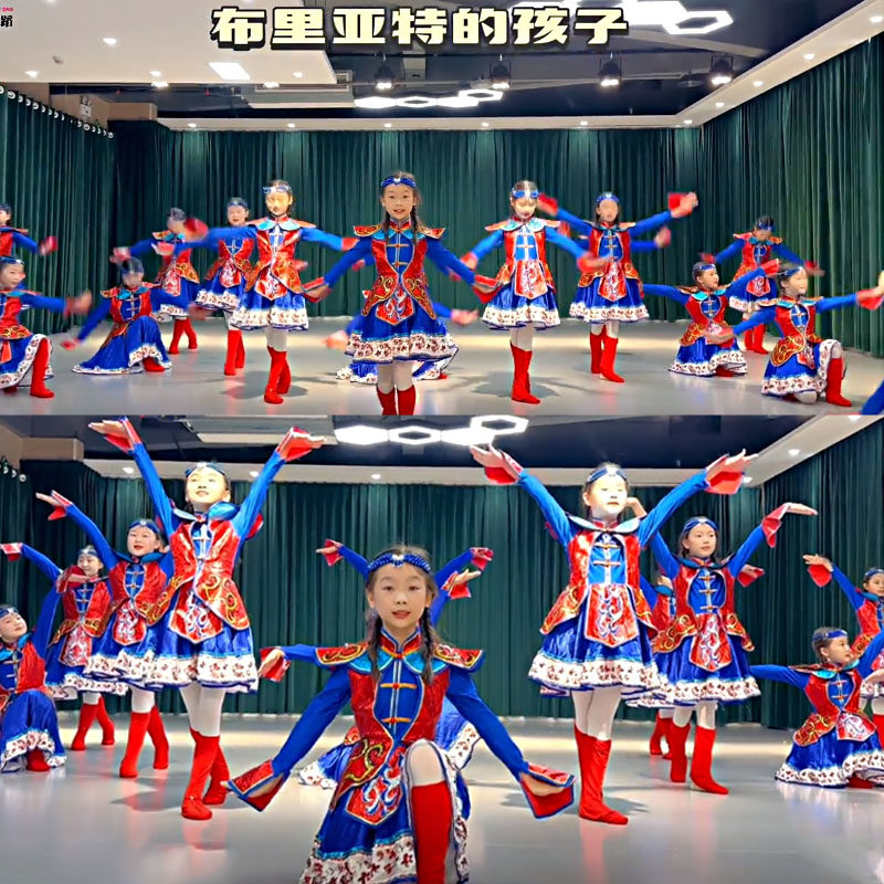 布里亚特的孩子舞蹈服儿童欢乐姑娘蒙古筷子舞演出服少数民族服装