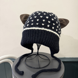 可爱猫耳朵护耳针织帽女秋冬百搭保暖加绒防寒套头毛线帽系带骑车