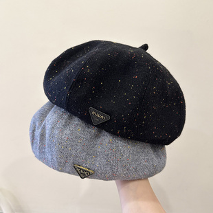 韩国简约金属标贝雷帽女秋冬街头显脸小蓓蕾画家帽潮休闲报童帽子