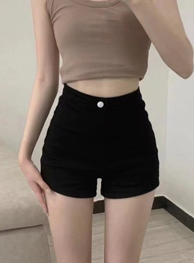 2025年夏季黑色直筒弹力牛仔短裤女舞蹈包臀简约显腿长高腰热裤