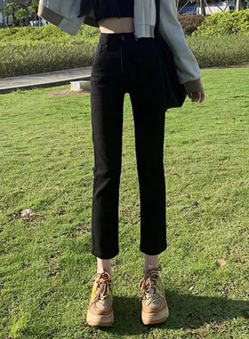 黑色直筒牛仔裤女2025年春夏季高腰显瘦八九分爆款小个子烟管裤潮