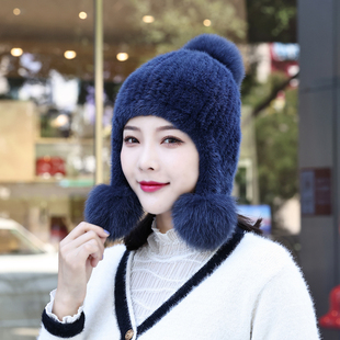 新款水貂毛帽子女冬季韩版真毛狐狸毛球球皮草帽双面毛编织大护耳