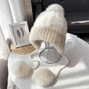 秋冬季新款水貂毛护耳帽女韩版时尚狐狸毛球帽子保暖雷锋帽皮草帽