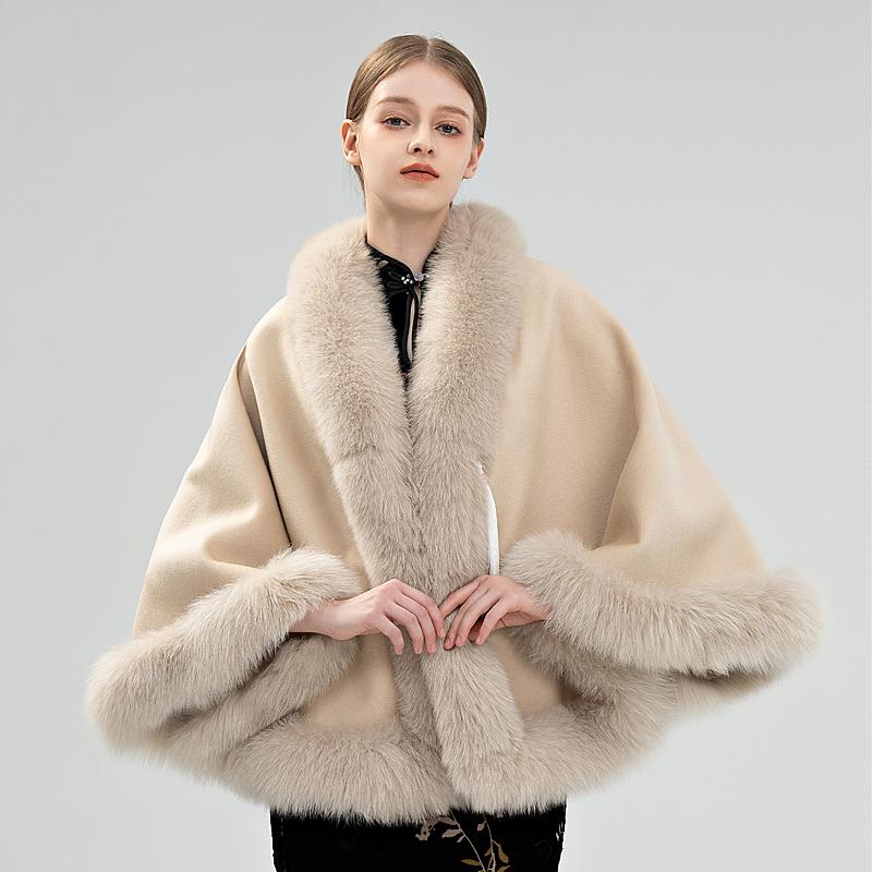 羊毛双面呢披肩狐狸毛领皮草斗篷外套女秋冬季新中式结婚旗袍外搭