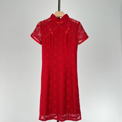 【L】2025夏季新款女国风修身显瘦蕾丝礼服花式盘扣连衣裙
