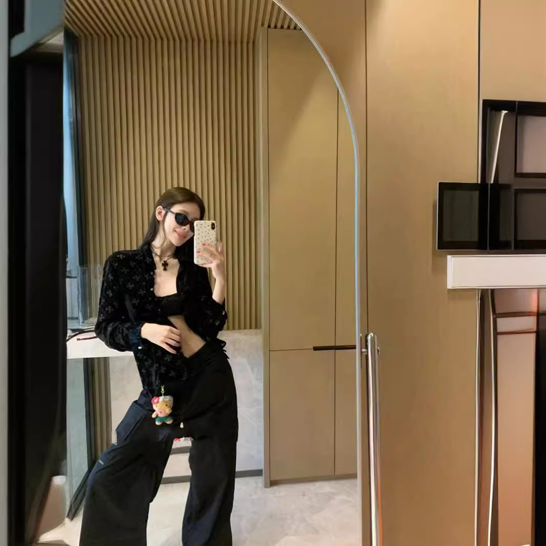 镂空十字架丝绒衬衫外套短款纽扣性感辣妹OL风女上衣潮纽扣名媛