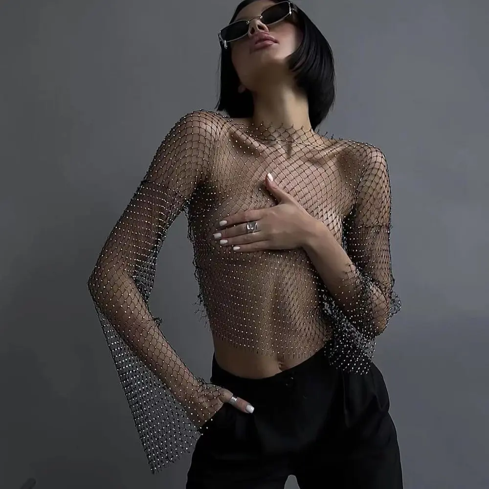 高级感女装水钻长袖T恤辣妹上衣cos派对舞会酒吧夜店dj装扮渔网衫