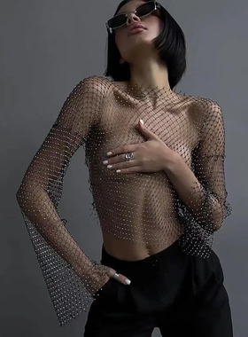 高级感女装水钻长袖T恤辣妹上衣cos派对舞会酒吧夜店dj装扮渔网衫