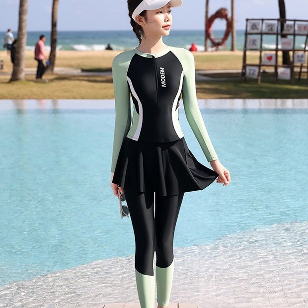 游泳衣女分体三件套新款防晒长袖长裤潜水保守女士泡温泉泳装