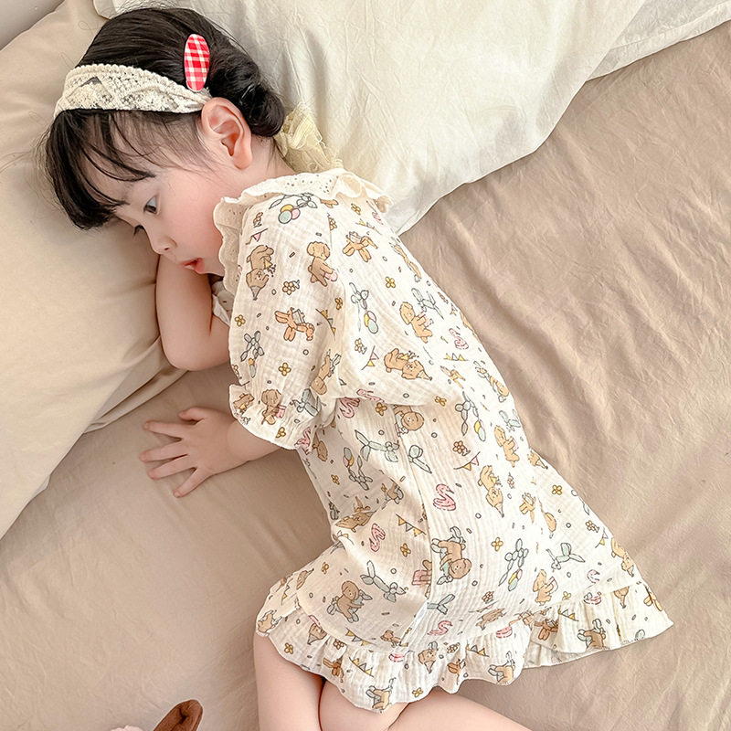 新款纯棉双层棉纱女童睡裙儿童睡衣连体夏季宝宝家居服女夏季纱布