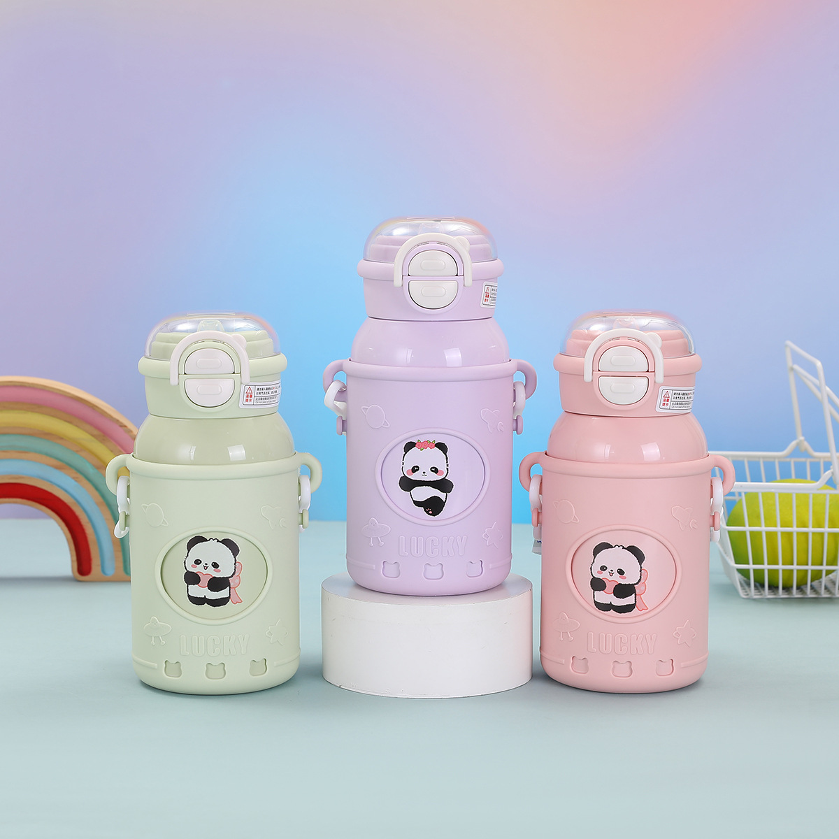 新款公仔儿童保温杯316不锈钢吸管杯高颜值男女带背带水杯