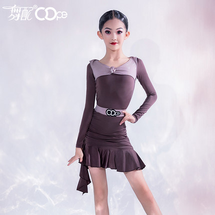 oope舞配舞服秋冬藕紫色拼接少儿拉丁舞练习服长袖练功服套装女TJ