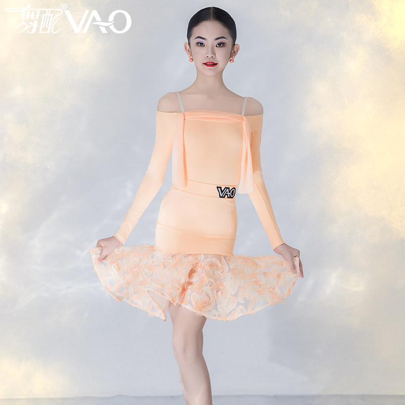 新款拉丁舞服女童VAO舞配高端舞服一字肩练习服拉丁舞练功服女TJ