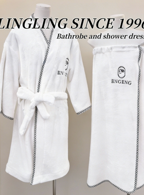 玲玲美容院浴袍女纯色系带中长款白色睡袍定制LOGO浴衣