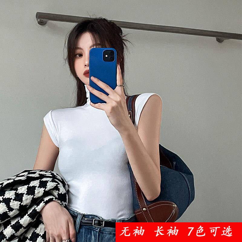 2022春夏高端韩版设计感海螺色微透洋气无袖修身高领打底衫上衣女