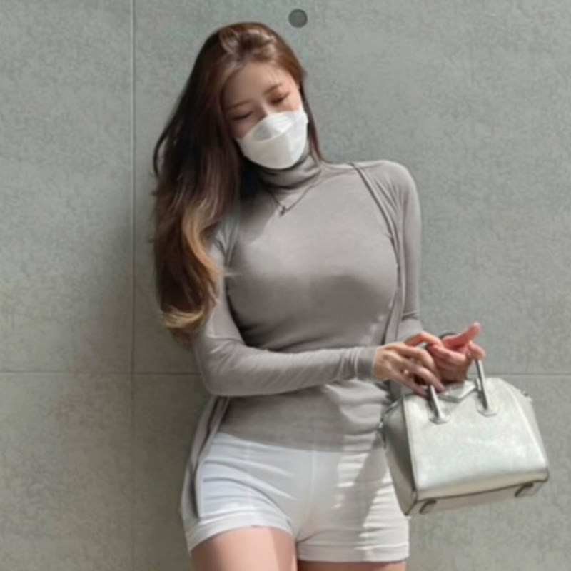 2024韩版春秋修身性感辣妹高领背心+微透长袖开衫两件套装上衣女