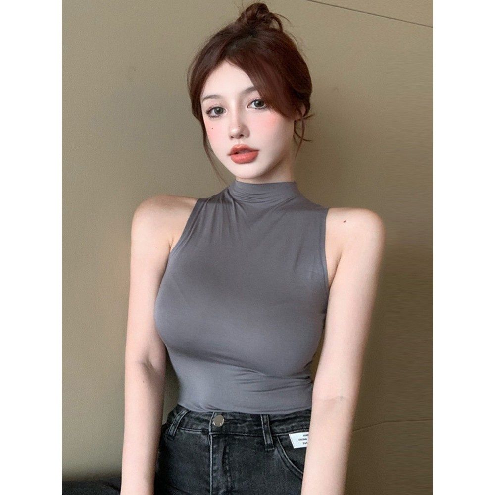 纯色背心女夏款内搭打底衫设计感小众半高领性感紧身无袖t恤上衣