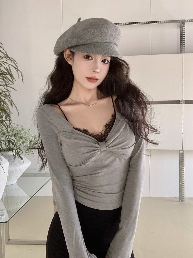 秋冬新款性感辣妹风U领拼接蕾丝立体蝴蝶结嗲欲内搭打底衫上衣女