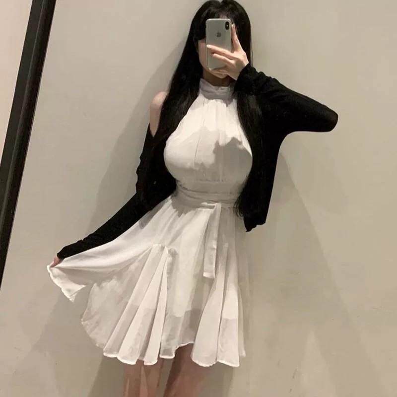 韩系夏季新款气质圆领无袖露肩收腰系带显身材A字雪纺连衣裙女潮