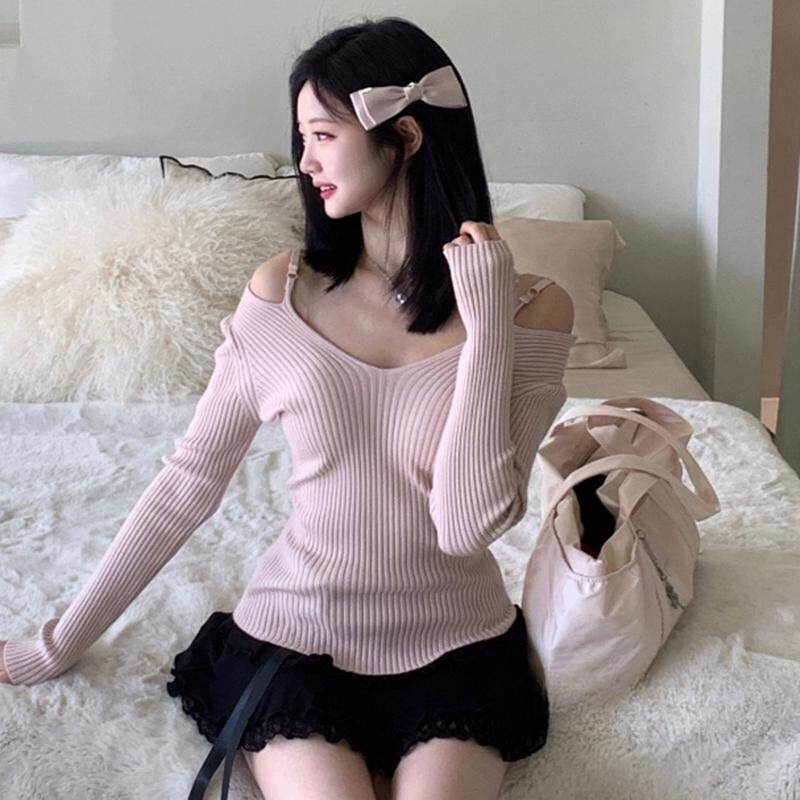 韩版春秋新款气质修身纯欲风露肩前后V领显身材长袖针织衫t恤上衣