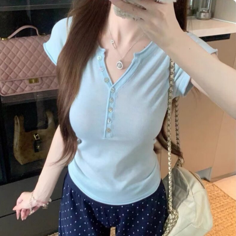 韩系夏季新款chic百搭半开领短袖T恤女夏季薄款修身针织衫上衣潮