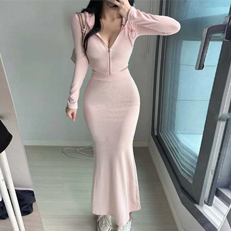纯欲风春秋新款修身性感显身材短款连帽外套+包臀鱼尾裙套装女潮