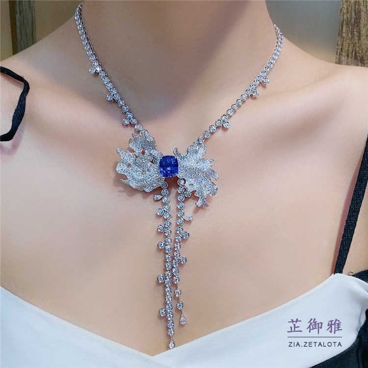 ZIA芷御雅设计款18k金白金玫瑰金钻石满钻蓝宝石复古花项链