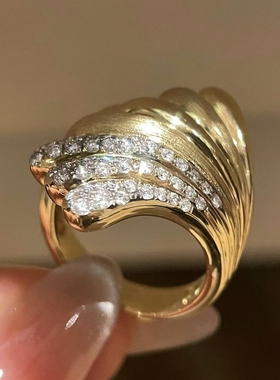 18K金拉丝海浪戒指天然钻石镶嵌