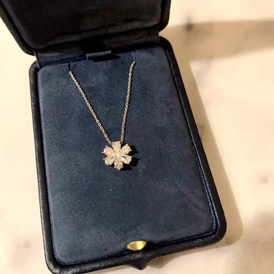 hw铂金天然钻石六花勿忘我项链