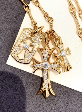 18k金天然钻石竹节链双十字架笑脸牌子项链吊坠