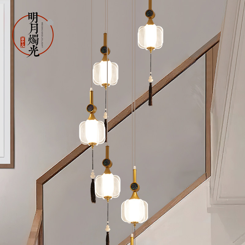 楼梯吊灯长吊灯新中式复式客厅大吊灯别墅挑高中空楼梯间别墅灯