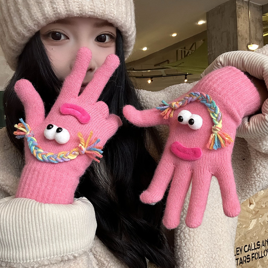 可爱搞怪丑萌针织手套女2025冬季学生百搭保暖防寒露指可触屏手套