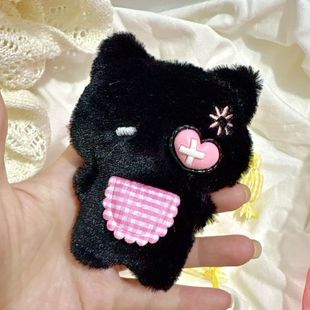 黑粉眼罩粉白格纹围兜小黑猫挂件包包挂饰高颜值超萌可爱吱吱叫猫