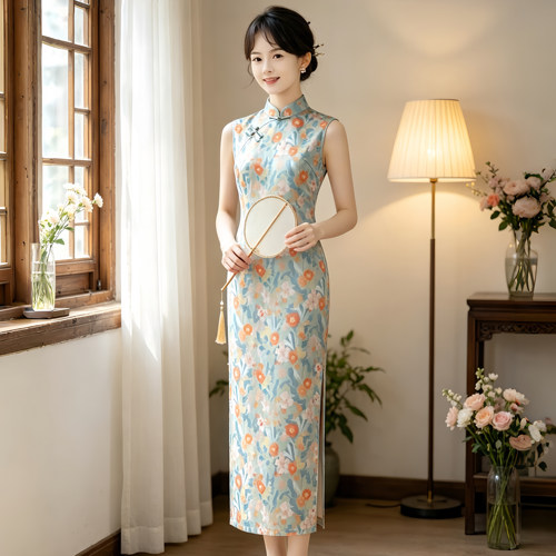墨黛兰小清新碎花无袖旗袍改良女