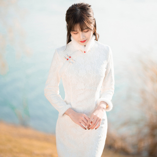 白色改良旗袍2025新款冬季年轻款加绒加厚长袖中式连衣裙女秋冬款