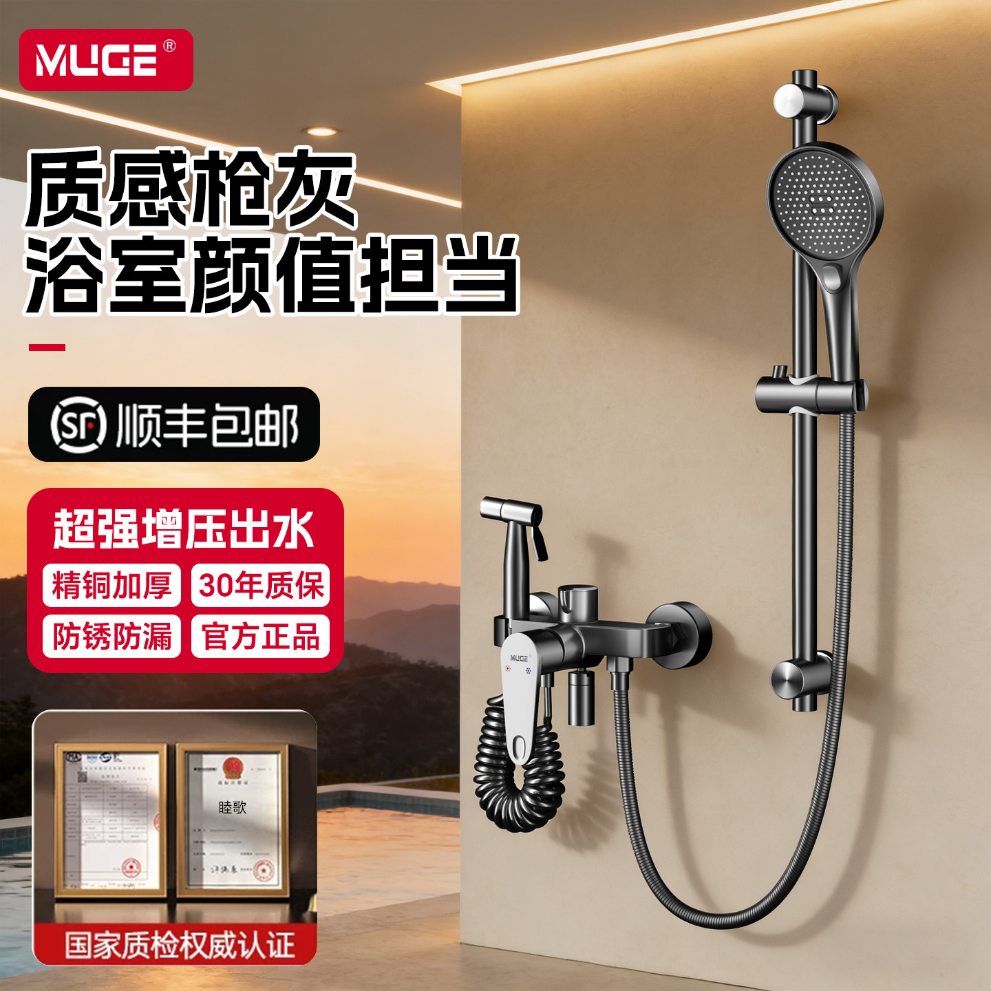 德国淋浴花洒套装无顶喷家用浴室全铜简易分体式增压淋浴器带喷枪