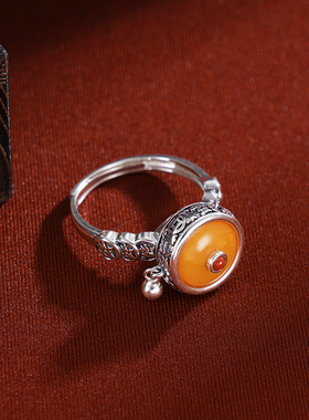 子佩集S925【福字平安】戒指【JZ06834】纯银古法银可转动蜜蜡南