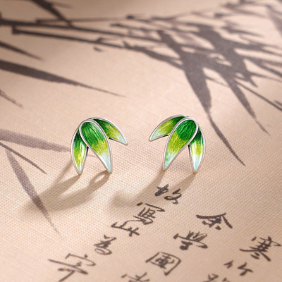 子佩集S925【竹影清幽】耳钉【ES00269】纯银竹叶珐琅彩